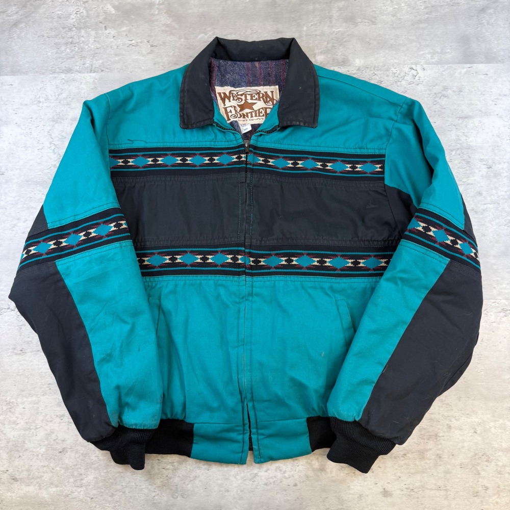 Western Frontier Vintage Teal Black Southwestern Bomber Jacket Mens Medium USA